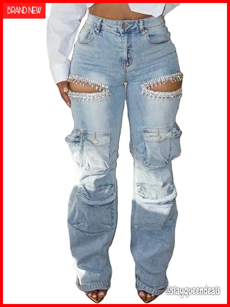 High Waisted Wide Leg Cargo Jeans With Rhinestones